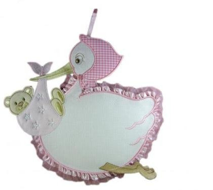 FIOCCO NASCITA/COCCARDA CICOGNA CON AIDA RICAMABILE a punto croce ROSA Lavorato del tutto a mano