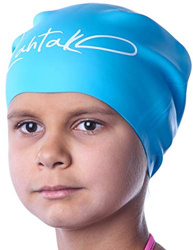 Gorro de Natación para Pelo Largo Infantil - Gorro de Baño para Niñas, Niños y Adolescentes con Rastas o Pelo Largo y Rizado - Gorro de Piscina de Silicona Hipoalergénica Impermeable (Aqua Blue M)