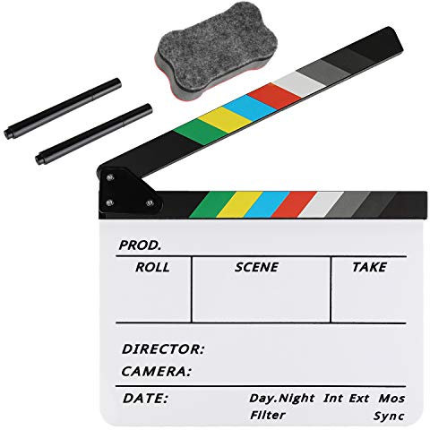 Acrylic Plastic Director's Film Clapboard Easy Wipe Cut Action Scene Clapper Board Slate with 2 pens and a Blackboard Eraser for Movies, TV Shows, Studio Live, DIY Videos.