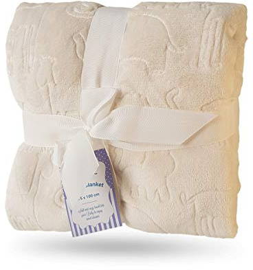 eYone Baby Blanket 75×100 cm - Soft Embossed Fleece - Animal Pattern - Lightweight Baby Comforter - Pram, Cot & Stroller - Unisex Gift - Cream