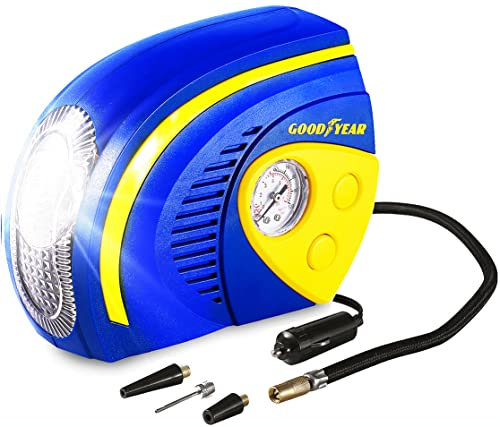 Goodyear car tyre inflator air compressor - car tyre inflator 12v - tyre pump - tyre pump with pressure gauge - 12v air pump - inflator pump with LED light - usable for bike, bicycle, basketball, toys