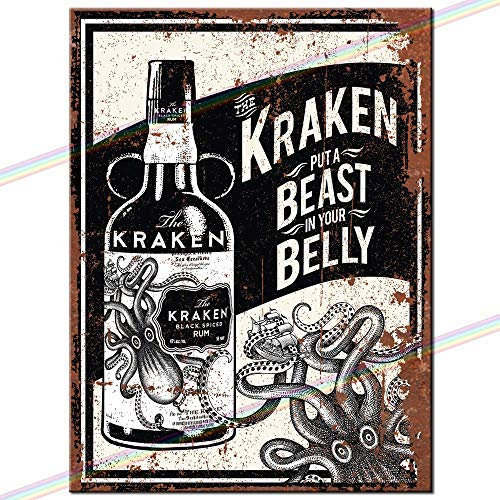 Metal Signs - Kraken RumPut A Beast In Your Belly. Man Cave Tin Metal Sign Hanging Wall Plaque Kitchen Shed Garage. Medium (20cm x 15cm).