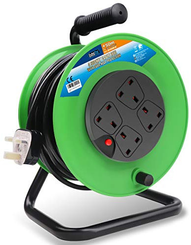 EXTRASTAR 50M Extension Reel 13Amp 240V, 4 Sockets Cable Reel with Winding Handle and Thermal Cut-Out, Heavy-Duty Extension Cord Reel in Green