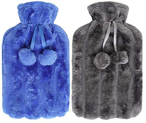 2 x Hot Water Bottles - Luxury Cosy Faux Fur Fleece Cover with Pom Poms - Natural Rubber 2 Litre Capacity - (Grey and Blue)