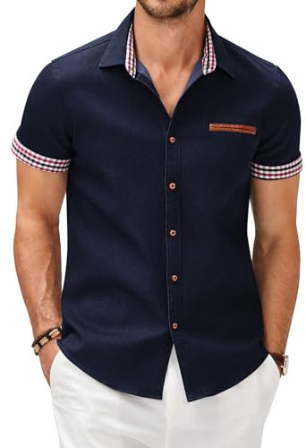 COOFANDY Short Sleeve Shirts for Men Summer Short Sleeved Denim Business Casual Shirt Cotton Button Down Dress Work Shirts Non Iron Regular Fit Navy Blue XXL