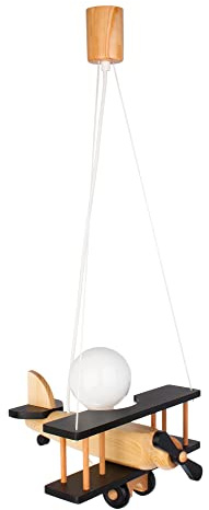 HELLUX Kinderzimmer Lampe Decke aus Holz | Deckenleuchten für Kinder | Kinderlampe Decke 70x29x32cm für Babyzimmer | Flugzeug Lampe E27 ohne Leuchtmittel (Schwarz/Naturholz)