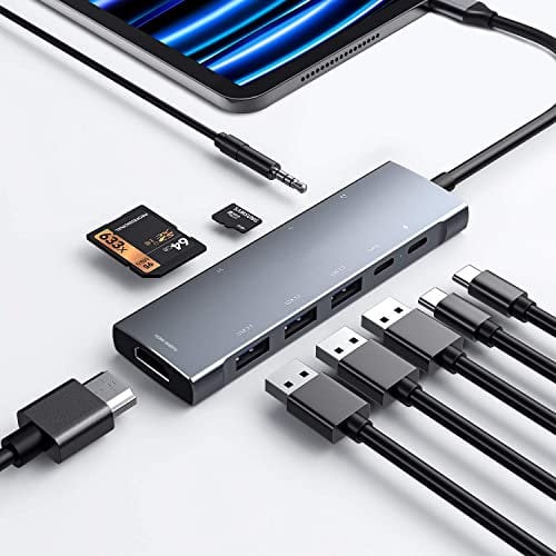 RREAKA HUB USB C iPad Pro Adaptateur 9-en-1 iPad Pro M4 M2 M1 13 12.9 11 Pouces Accessoire iPad Air 5 4 avec HDMI 4K, Charge PD, Lecteur de Carte SD/Micro SD, USB 3.0, Prise Casque 3,5 mm Données