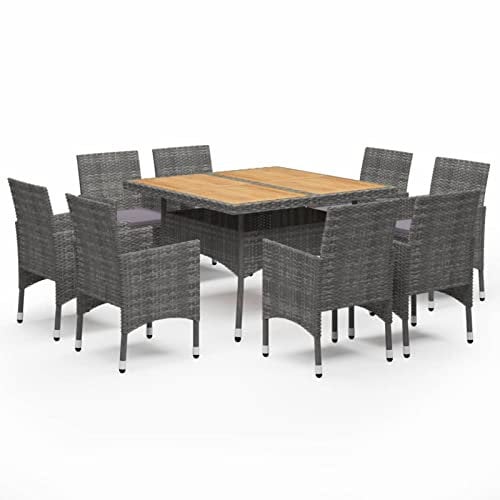 Gecheer 9-TLG. Garten Essgruppe, Terrassenmöbel Set 8 Personen, Sitzgruppe Esstisch mit Akazienholz-Tischplatte & 8 Stühle mit Kissen, Gartenmöbel Set Poly Rattan und Akazienholz Grau