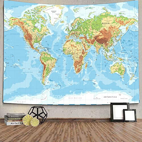 TOMOZ Weltkarte Wandteppich, detaillierte blaue Ozean, natürliche körperliche Karte und Städte, Wandbehang, geografisch, pädagogischer Wandteppich für Schlafzimmer, Dekoration, 152.4x130.9 cm