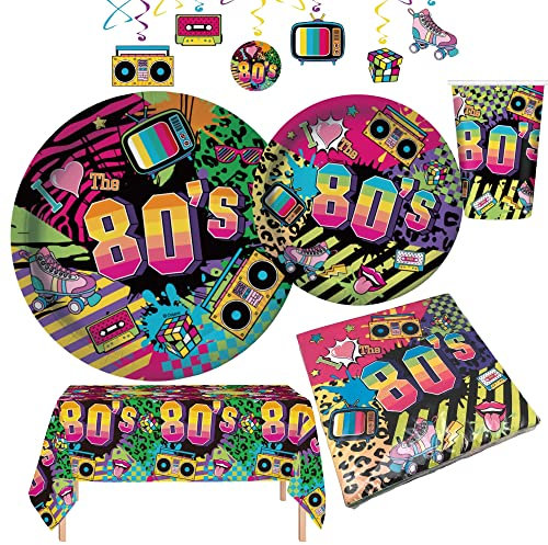 Oojami Serves 24 Complete 80's Themed Birthday Party Pack Includes Paper Plates, Cups, Napkins, 2 Table Covers, Swirls, Ideal for 80's theme party