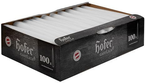 Hofer Spitzkerzen - Weiß - 2,3 x 25 cm - Set 100 Stabkerzen - Lange Brenndauer 7 Stunden - Ohne Duft Tafelkerzen - Tropfenfrei Leuchterkerzen - RAL Qualität Wachs - Made in EU