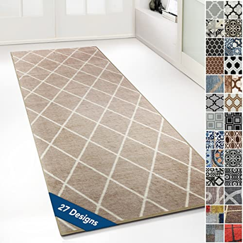 Floordirekt Teppichläufer mit Muster - maßgefertigter Feinschlingen Teppich Läufer für Küche, Flur & Wohnraum - Ornament Vintage Orient Gitter (80 x 250 cm, Cosenza Beige)