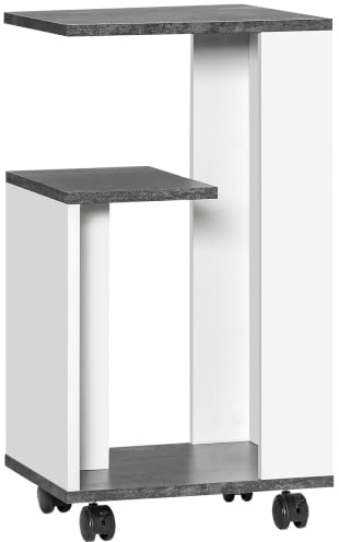 HOMCOM Nachttisch mit Rollen Beistelltisch 35 x 29,5 x 65,5 cm Grau Weiß | Couchtisch, Kaffeetisch, Modernes Design, Sofatisch, 3 Regale, Schlafzimmer, Wohnzimmer