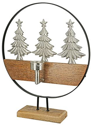 GILDE Holz Weihnachtsdekoration Teelicht Leuchter - Motiv: Tannenbäume aus Aluminium - Farbe: braun Silber - Tischdeko - Höhe 43 cm