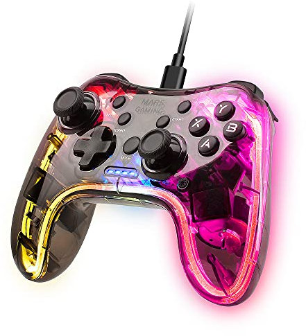 Mars Gaming MGP-C, Professionelles Neon RGB Gamepad, Duale Haptische Vibration, Analoge Joysticks, Controller für PC, PS3, Mac, Switch, Switch 2, Raspberry Pi, Android, Transparent