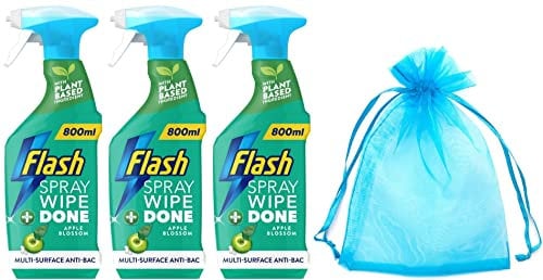Flash Sparkling Home, Spray Wipe Done, Antibacterial Multi-Surface Cleaner, 800ml, Apple Blossom Scent, 3Pk + Our Gift for You: Organza Bag Size: 9x7x0.1cm