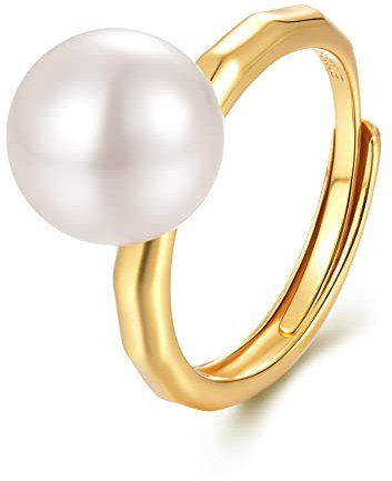 SKAIJEWEL Perlenring für Frauen Sterling Silber 925 Vergoldet 10MM Perlen Ringe Einstellbarer Ring aus Schmuck Geschenk für Frauen Damen Ringe Offen Schlicht
