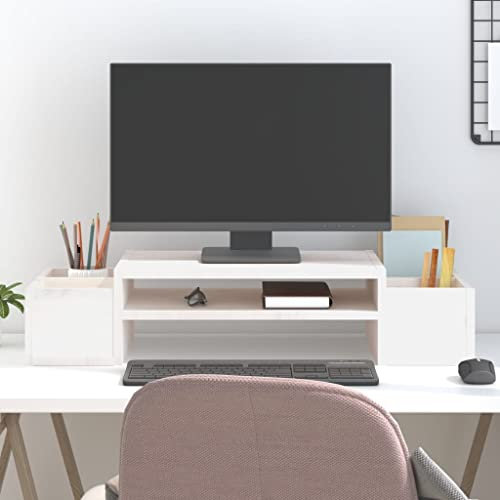 KRHINO Monitorständer mit Aufbewahrungsfunktion, MonitorStänder MonitorStänder Massives Kiefernholz Stabiler Rahmen Minimalistischen Design, Weiß 70x27,5x15 cm