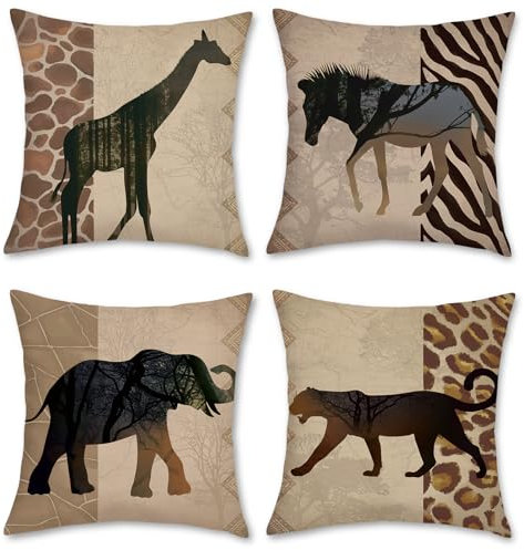 Bonhause 4er Set Kissenbezüge Afrikanische Tier Leopard 50 x 50 cm Doppelseitig Giraffe Zebra Polyester Leinen Dekorative Kissenhülle Zierkissenbezüge für Sofa Wohnzimmer Zuhause Dekoration