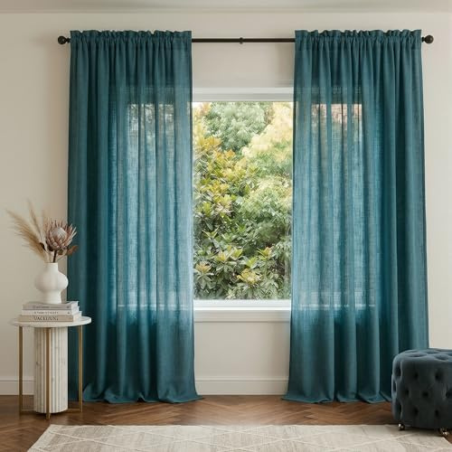 Durchsichtige Vorhänge, 244 cm lang, für Wohnzimmer, 2 Paneele, Stangentasche, tiefes Dunkles Blaugrün, Türkis, Musselin, Baumwolle, maritimes Dekor, Pfauenblau, Leinenvorhang für Esszimmer,