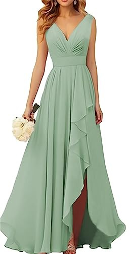 WSEYU Robes de demoiselle d'honneur en mousseline à col en V pour mariage, robe de soirée longue et formelle avec ruches et fente, vert sauge, 48