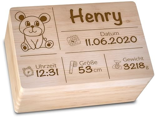 Geschenkfreude personalisierte Erinnerungsbox mit Namen - 30x20x14cm - Aufbewahrungsbox zur Geburt oder Taufe - Holzkiste mit Gravur - Erinnerungskiste personalisiert - Motiv Geburt