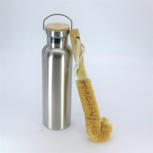 BOXENSTOP Edelstahl Trinkflasche mit Bambusdeckel | Thermotrinkflasche für Kinder und Erwachsene | Trinkflasche Kinder | Trinkflasche Edelstahl | Auslaufsicher | inkl. Kokos-Bürste (500 ML, Silber)