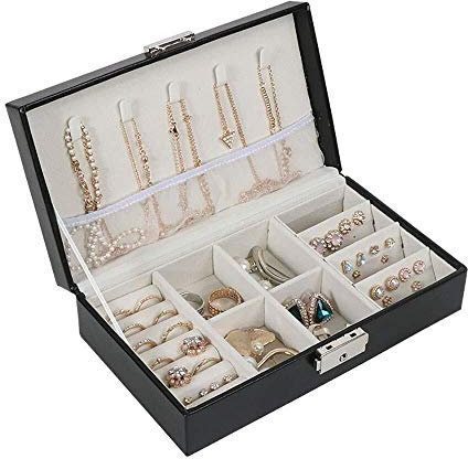 BONOOL Schmuckkästchen, tragbare Schmucktruhe aus Leder mit Metallschloss, vielseitiger Schmuck-Organizer, schwarze Schmuckschatulle für Damen