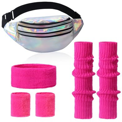 Clundoo 80er Jahre Outfit Damen Set Mit Bauchtasche, Stirnband, Beinwärmer, Handschuhe für 90er Kostüm Party Fasching Karneval (Rosarot)