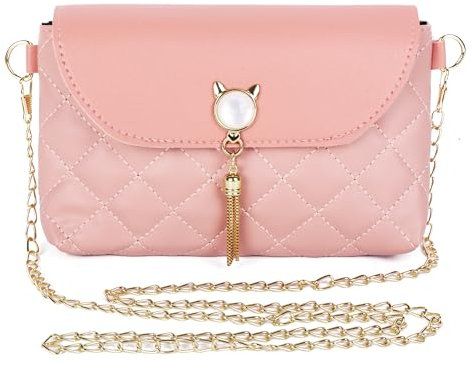 Fililogor Damen Umhängetasche Kleine Handtaschen PU-Leder Crossbody Bags mit Kette Messenger Umhängetaschen mit niedlichen Quasten in Katzenform Geldbörse für Mädchen und Damen (Rosa)