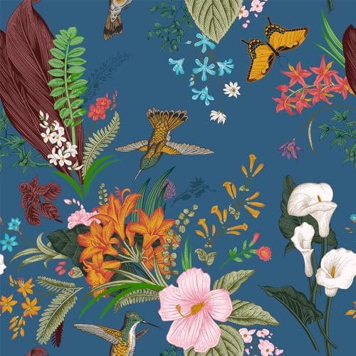 VEELIKE Tapete Blumen Blau Vögel Schmetterling Blumentapete Vintage Möbelfolie Selbstklebend Tapeten Fototapete Schlafzimmer Schrankpapier Mustertapete Klebefolie Möbel Kinderzimmer 44.5cm × 300cm
