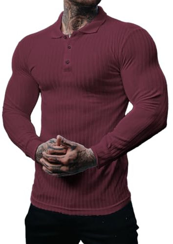 Muscle Cmdr Men's Cotton Muscle Shirts Slim Fit Business Casual Tee Long Sleeve Ribbed Polo V Neck Shirt Red/S