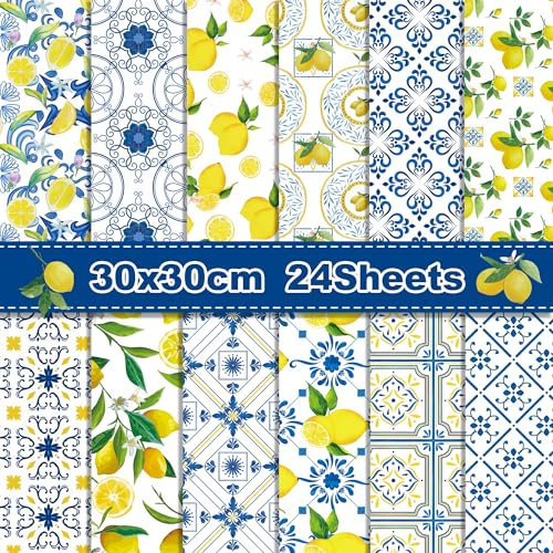 24 Blatt Zitronen-Scrapbook, Papierblock, doppelseitig, blaue Fliesen, gelbe Zitrone, gemustert, dekoratives Bastelpapier für Kartenherstellung, Fotoalbum, Tagebuch, Basteln, 30 x 30 cm