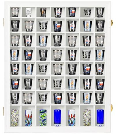 Shot Glass Display Case Wooden Cabinet Rack Holder Wall Mounted 56 Slots White Shadow Box Lockable with UV Protection Acrylic Glass Door Shot Glass Storage Display with Removable Shelves, 23.3x18.74