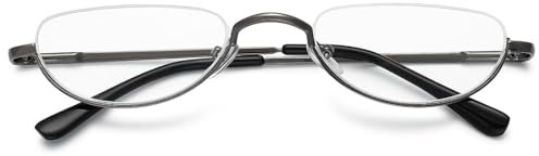 ABETOS Occhiali da lettura a mezza montatura in metallo, da donna, uomo, alla moda, mezzaluna, aiuto per la lettura, cerniera a molla, leggera, sottile, semicircolare, occhiali da lettura, grigio.,