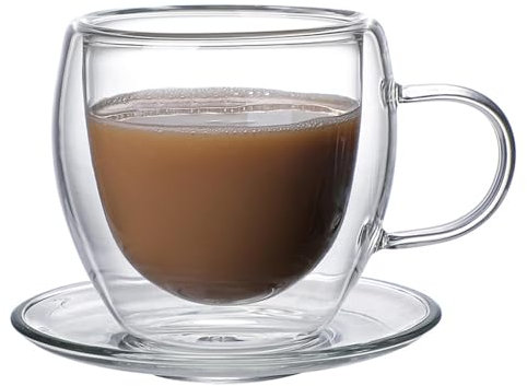 Jarsense Coffee Glass,100ml Glass Coffee Mug,Double Wall Insulated Travel Cup Coffee Cup with Glass Cup Saucer,for Tea, Espresso,Juice for Cafe&Office&Home Coffee Glass