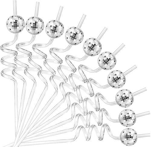 Snowfall 12 Pcs Disco Ball Straws, Reusable Plastic Party Straws for 70s Disco Party Home Bar Karaoke Birthday Party Wedding Christmas Decorate (Silve)