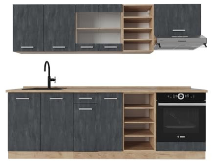 Vicco Küchenzeile R-Line, Schwarz Beton/Goldkraft Eiche, 240 cm ohne Arbeitsplatte