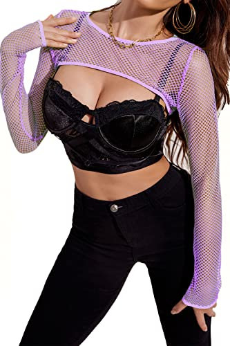 Avidlove Top De Malla para Mujer Top Corto De Manga Larga Blusa Lisa Tops Sexys Morado XL