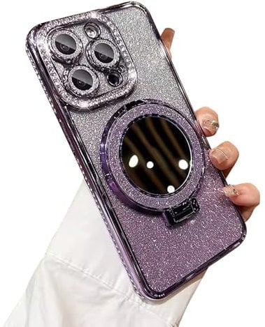 Fycyko for iPhone 14 Pro with Mirror Kickstand Glitter Luxury Holder Stand Plated Bling Aesthetic Phone Case Shockproof for iPhone 14 Pro-Purple
