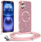 Phoona Coque pour iPhone 16 avec Cordon, Etui à Paillettes Compatible avec MagSafe, Antichoc Protection Coque pour Magnétique avec Réglable Collier, Rosa