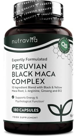 Complex de Maca Noir 6000mg avec Zinc Vitamine B12 Ginseng Fenugrec Vitamine B6 L Arginine - Métabolisme Énergétique, Fonction Psycologiques Normales (EFSA) 180 Capsules pour 6 Mois - Nutravita