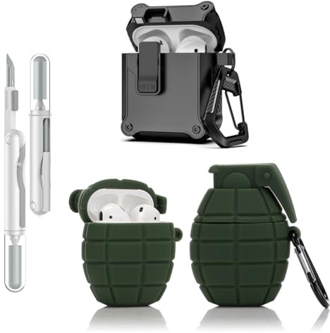 LEWOTE 3 in 1 Kompatibel mit Apple Airpods (2nd/1st Generation) Schützende Lustige Nette Fall Abdeckung mit Reiniger Kit Schlüsselanhänger (Grenade Amy Green)