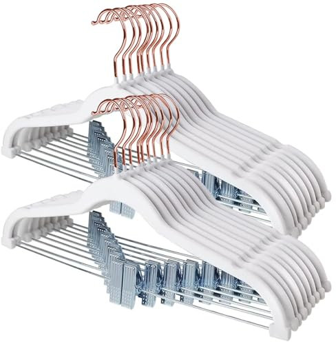 Stormix Hosenbügel 18er-Pack, 42cm Vevlt-Rockbügel mit Clips, rutschfeste Kleiderbügel, Robuste Kleiderbügel für Shorts, Hosen, Röcke, Kleider, Jacken, Mäntel Weiß (Rosengold-Haken)