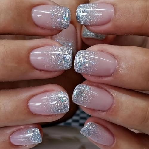 Glitter Nude Pink False Nails Short Square, SXVME Natural Press On Nails Short with Sparkle Shiny Sequins Design Full Cover Fake Nails Acrylic Stick On Nails For Women Nail Art 24 Pcs