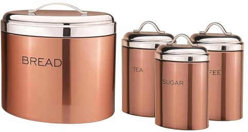 PREMZO Kitchen Food Storage Canisters Jar Set Bread Bin Tea Coffee Sugar Jars Tins Airtight Lid Lightweight Space Saving Counter Set Tea Coffee Sugar Containers Home & Kitchen Storage (Rose Gold)