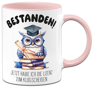 Tassenbrennerei Tasse - Bestanden! Jetzt habe ich die Lizenz zum Klugscheißen - Geschenk zur bestandenen Prüfung zum Bachelor, Abi, Abitur oder Studium - Kaffeetasse lustig (Rosa)
