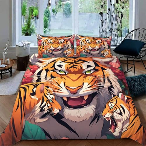 Zbeiba Bettwäsche 135x200,Bettbezug Set 3 Teilige mit 2 Kissenbezug,Blume Tiger Muster（135x200+2 * 50x75,#7）