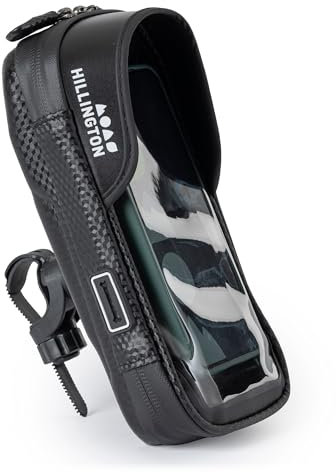 Hillington Waterproof Bike Phone Holder Bag – 360° Rotation, Clear Front Window, Sun Visor, Multiple Storage Pockets, Fits Handlebars up to 45mm, Includes Rain Cover, for Cycling and MTB
