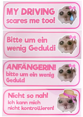 Huoflame 4 Stück Hamster Auto Aufkleber – Lustige Selbstklebende Fahranfänger Sticker für Auto, DIY Memes Deko – Wasserdicht & UV-beständig – Für Neue Fahrer, Freunde, Geschenkidee